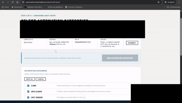 Animation showing an Automation Inventory diagnostic being configured, run, and completed.