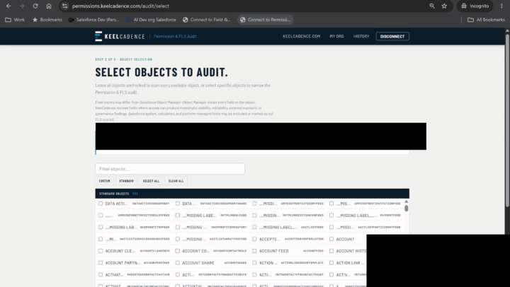 Animation showing a Permission & FLS Audit being configured, run, and completed.