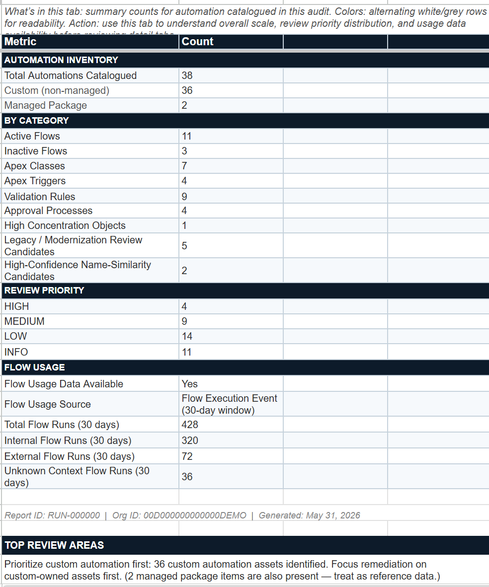 Automation Inventory Executive Summary tab showing total automations catalogued, counts by category, review priority distribution (High, Medium, Low, Info), Flow usage data, and top review areas.